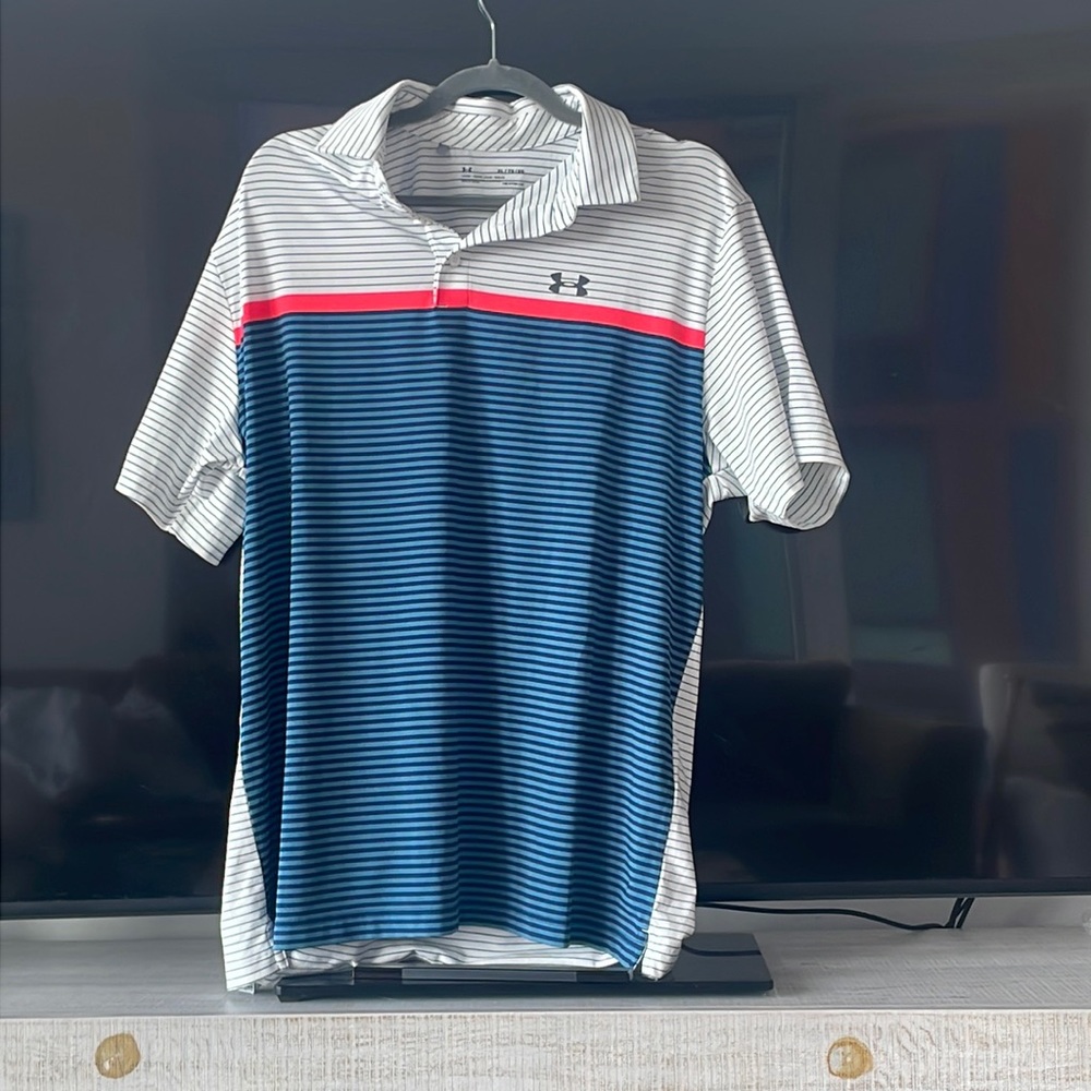Under Armour Men’s Polo (Blue and White XL)